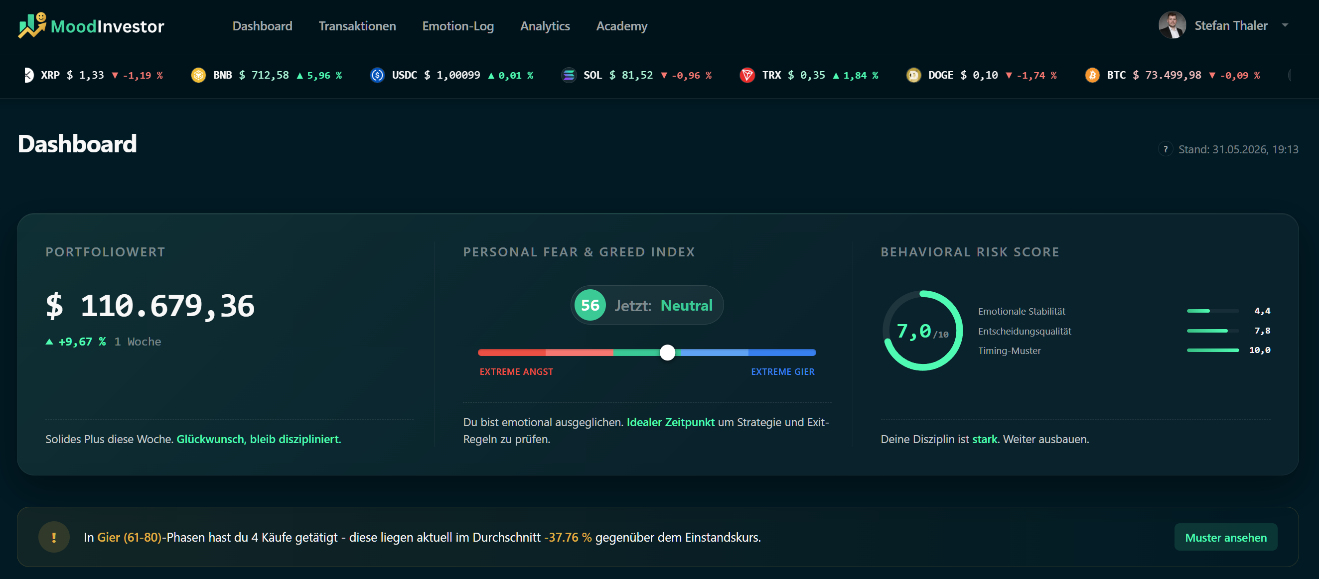 MoodInvestor Dashboard mit Portfolio-Wert, Personal Fear & Greed Index und Behavioral Risk Score